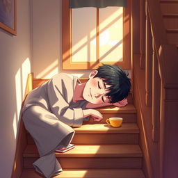 A peaceful digital art scene depicting a young man named Haobin sleeping on a set of wooden stairs