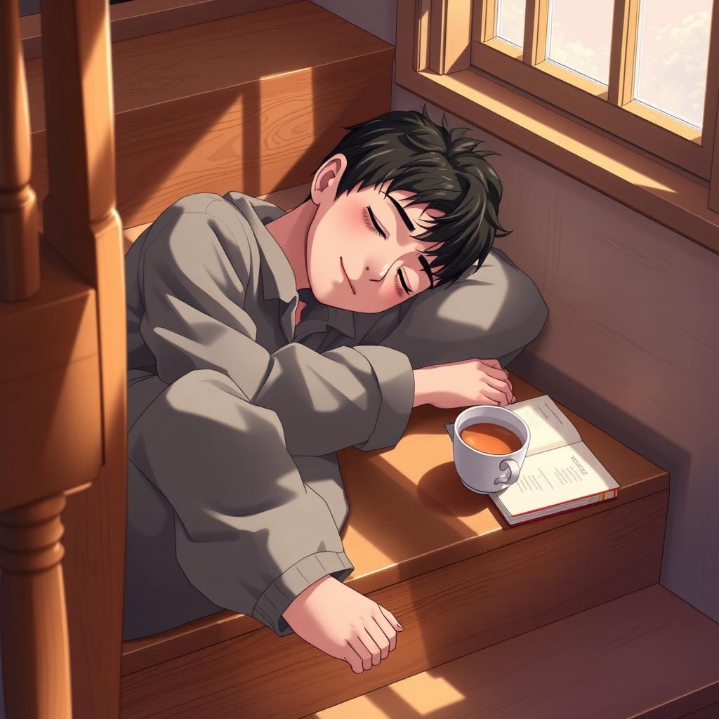 A peaceful digital art scene depicting a young man named Haobin sleeping on a set of wooden stairs