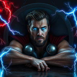 A hyper-realistic image of Thor, portrayed by Chris Hemsworth, lying relaxed in a large round mirror placed on a table