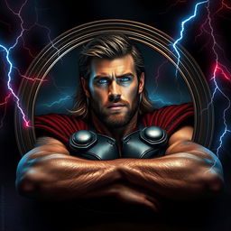 A hyper-realistic image of Thor, portrayed by Chris Hemsworth, lying relaxed in a large round mirror placed on a table