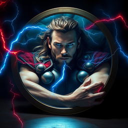A hyper-realistic image of Thor, portrayed by Chris Hemsworth, lying relaxed in a large round mirror placed on a table