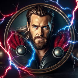 A hyper-realistic image of Thor, portrayed by Chris Hemsworth, lying relaxed in a large round mirror placed on a table