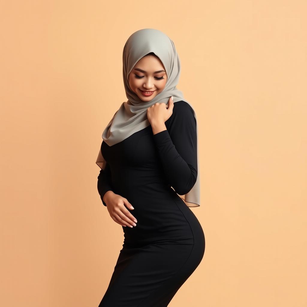 A stunning Malay woman wearing a hijab, showcasing an attractive and sexy figure, standing elegantly while looking down thoughtfully