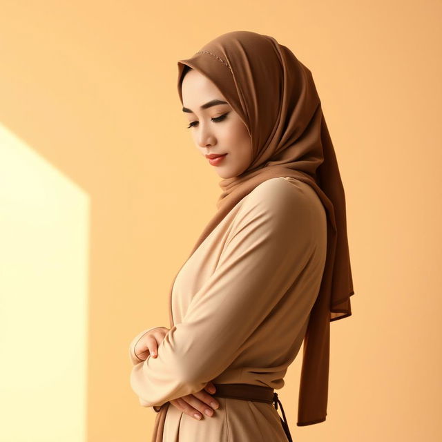 A stunning Malay woman wearing a hijab, showcasing an attractive and sexy figure, standing elegantly while looking down thoughtfully