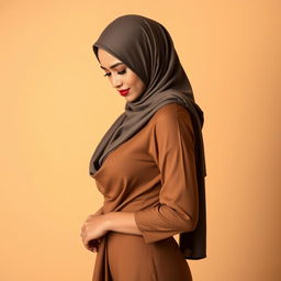 A stunning Malay woman wearing a hijab, showcasing an attractive and sexy figure, standing elegantly while looking down thoughtfully