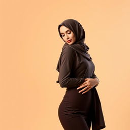 A stunning Malay woman wearing a hijab, showcasing an attractive and sexy figure, standing elegantly while looking down thoughtfully