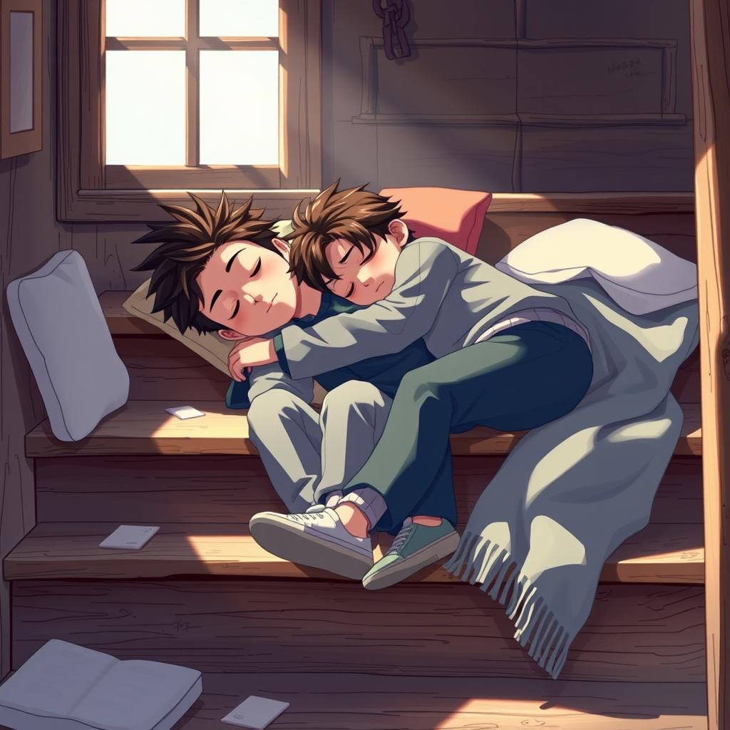 A heartfelt digital art scene showcasing ZB1's Sung Hanbin and Zhang Hao peacefully sleeping together on a set of rustic wooden stairs