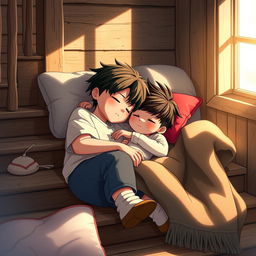 A heartfelt digital art scene showcasing ZB1's Sung Hanbin and Zhang Hao peacefully sleeping together on a set of rustic wooden stairs