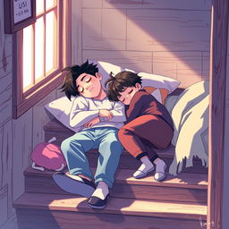 A heartfelt digital art scene showcasing ZB1's Sung Hanbin and Zhang Hao peacefully sleeping together on a set of rustic wooden stairs