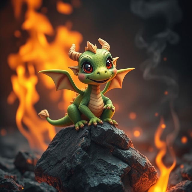 A whimsical and cute dragon playfully perched on a rock, set against a dramatic background of flickering flames and glowing embers