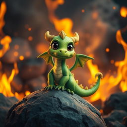 A whimsical and cute dragon playfully perched on a rock, set against a dramatic background of flickering flames and glowing embers