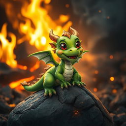 A whimsical and cute dragon playfully perched on a rock, set against a dramatic background of flickering flames and glowing embers