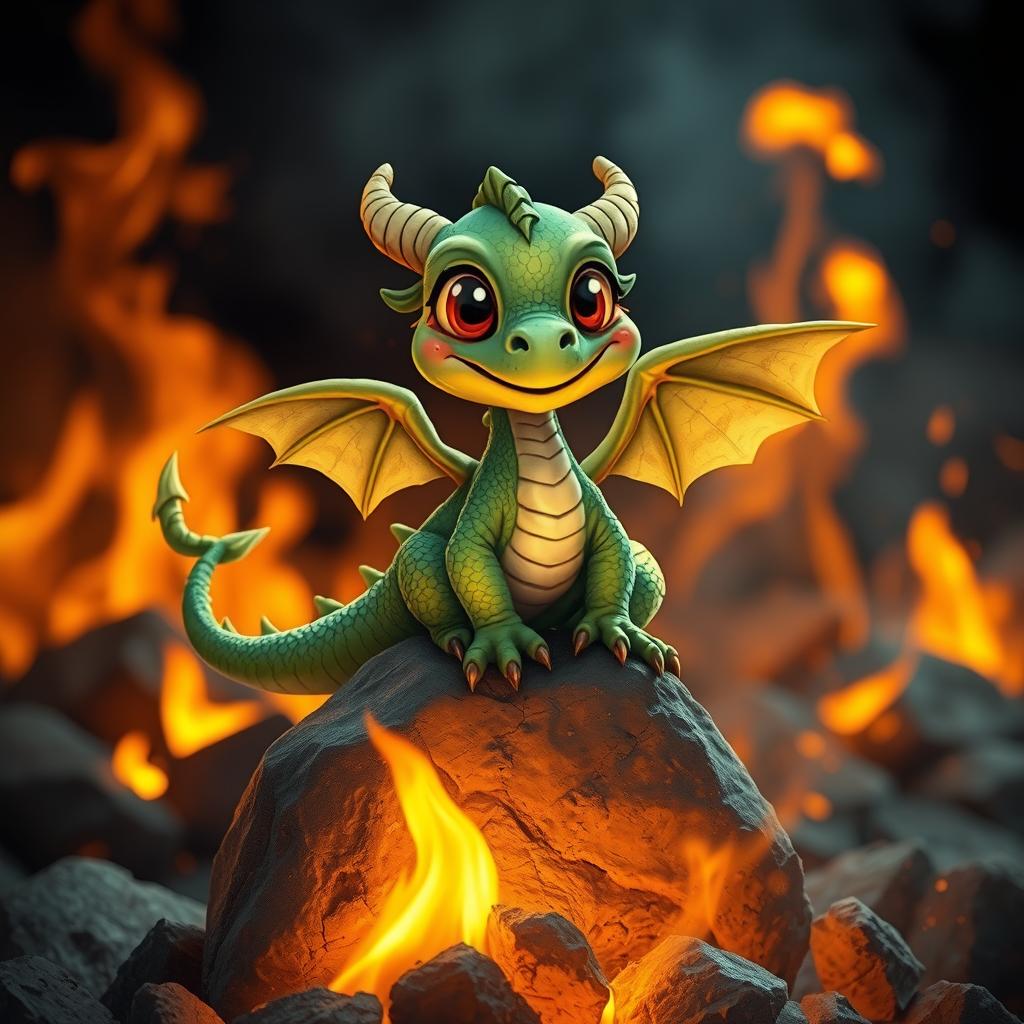 A whimsical and cute dragon playfully perched on a rock, set against a dramatic background of flickering flames and glowing embers