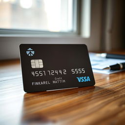 A modern credit card sitting on a smooth wooden surface, showcasing the card number prominently while maintaining some privacy