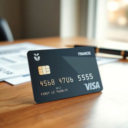 A modern credit card sitting on a smooth wooden surface, showcasing the card number prominently while maintaining some privacy