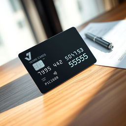 A modern credit card sitting on a smooth wooden surface, showcasing the card number prominently while maintaining some privacy