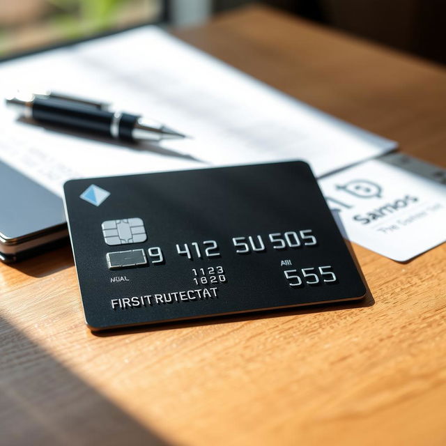 A modern credit card sitting on a smooth wooden surface, showcasing the card number prominently while maintaining some privacy