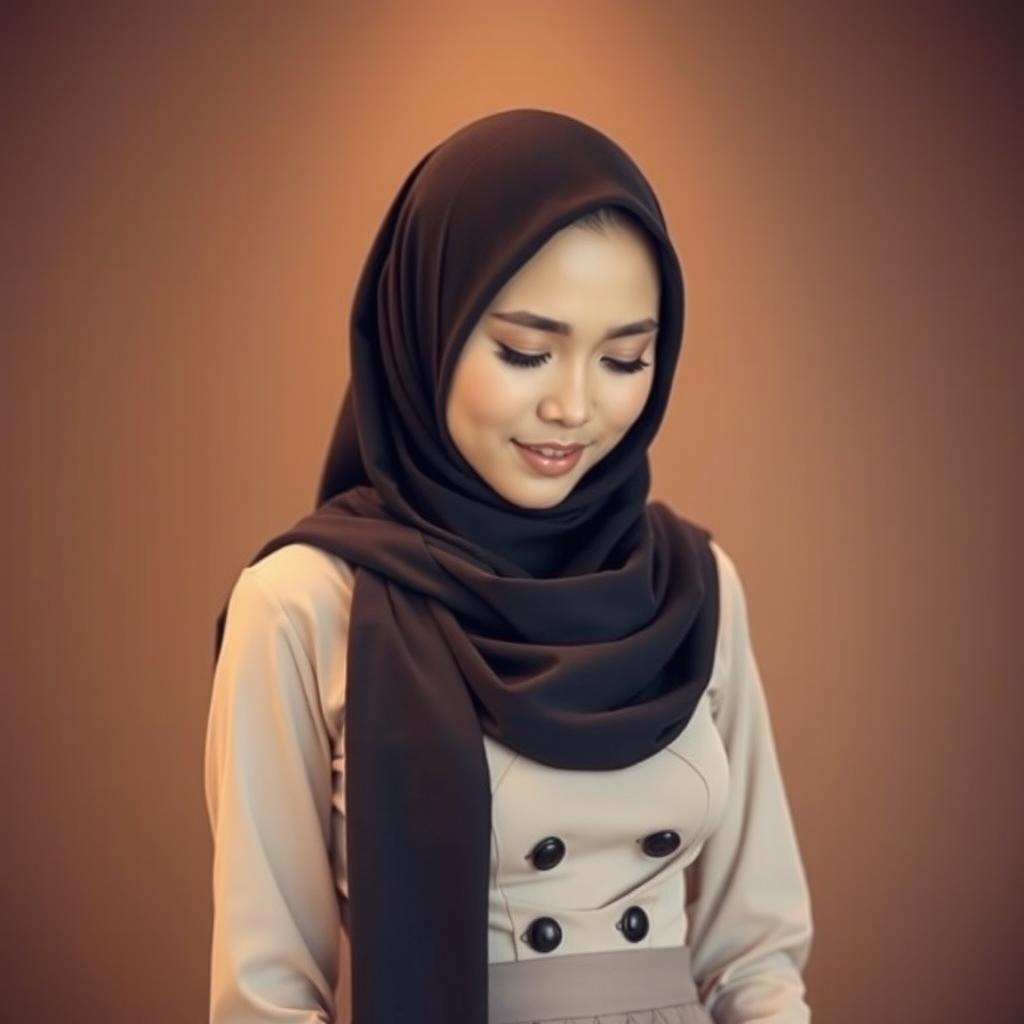 A stunning Malay woman wearing a hijab, showcasing an attractive and sexy figure, standing gracefully while looking down