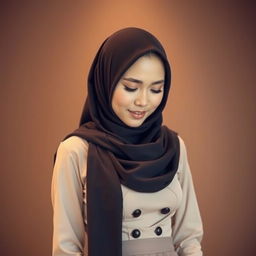 A stunning Malay woman wearing a hijab, showcasing an attractive and sexy figure, standing gracefully while looking down