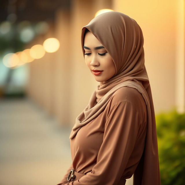 A stunning Malay woman wearing a hijab, showcasing an attractive and sexy figure, standing gracefully while looking down