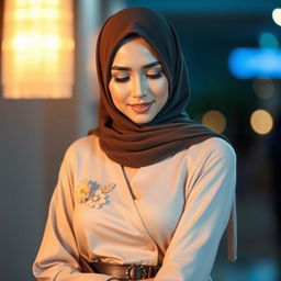 A stunning Malay woman wearing a hijab, showcasing an attractive and sexy figure, standing gracefully while looking down