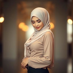 A stunning Malay woman wearing a hijab, showcasing an attractive and sexy figure, standing gracefully while looking down