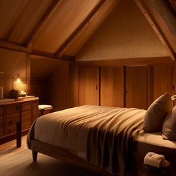 A cozy bedroom with a plush bed adorned with soft cushions, warmed by dimmed ambient lighting, and decorated with delicately crafted wooden furniture and snuggly soft textiles.