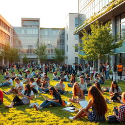 A modern university campus with a lively atmosphere during finals week, students diligently studying, some sitting on the grass with laptops, others engaged in group discussions