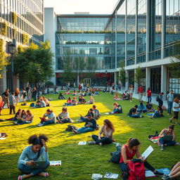 A modern university campus with a lively atmosphere during finals week, students diligently studying, some sitting on the grass with laptops, others engaged in group discussions