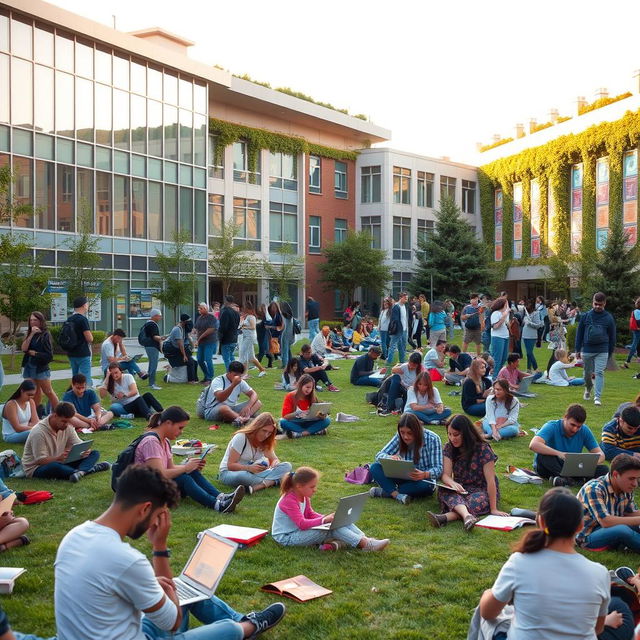 A modern university campus with a lively atmosphere during finals week, students diligently studying, some sitting on the grass with laptops, others engaged in group discussions