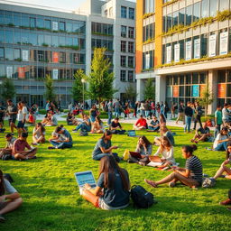 A modern university campus with a lively atmosphere during finals week, students diligently studying, some sitting on the grass with laptops, others engaged in group discussions