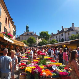 A bustling marketplace scene featuring vibrant stalls filled with colorful flowers, fresh produce, and artisan crafts