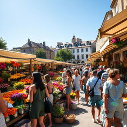 A bustling marketplace scene featuring vibrant stalls filled with colorful flowers, fresh produce, and artisan crafts