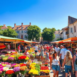 A bustling marketplace scene featuring vibrant stalls filled with colorful flowers, fresh produce, and artisan crafts