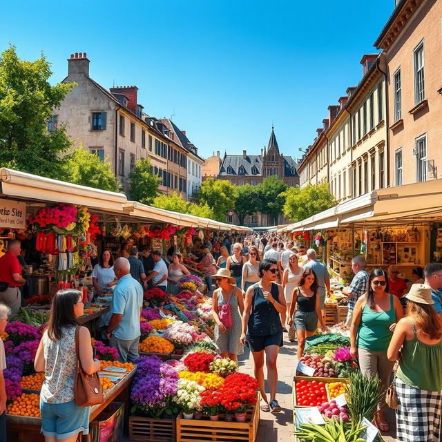 A bustling marketplace scene featuring vibrant stalls filled with colorful flowers, fresh produce, and artisan crafts