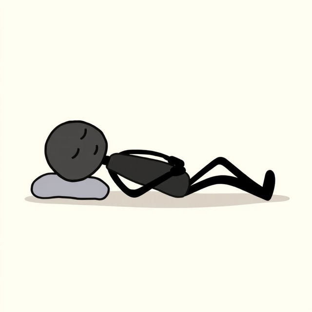 A minimalistic illustration of a black stickman figure sleeping peacefully on a simple, flat surface