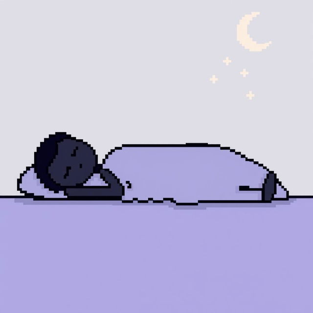 A pixel art depiction of a black stickman figure sleeping peacefully