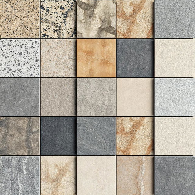 A detailed collection of various stone textures, featuring a variety of natural stone types such as granite, marble, slate, and limestone