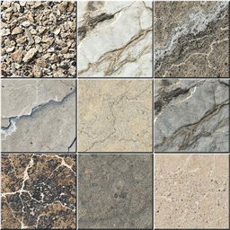 A detailed collection of various stone textures, featuring a variety of natural stone types such as granite, marble, slate, and limestone