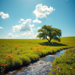 A serene landscape featuring a lush green meadow with vibrant wildflowers scattered throughout, under a clear blue sky with fluffy white clouds