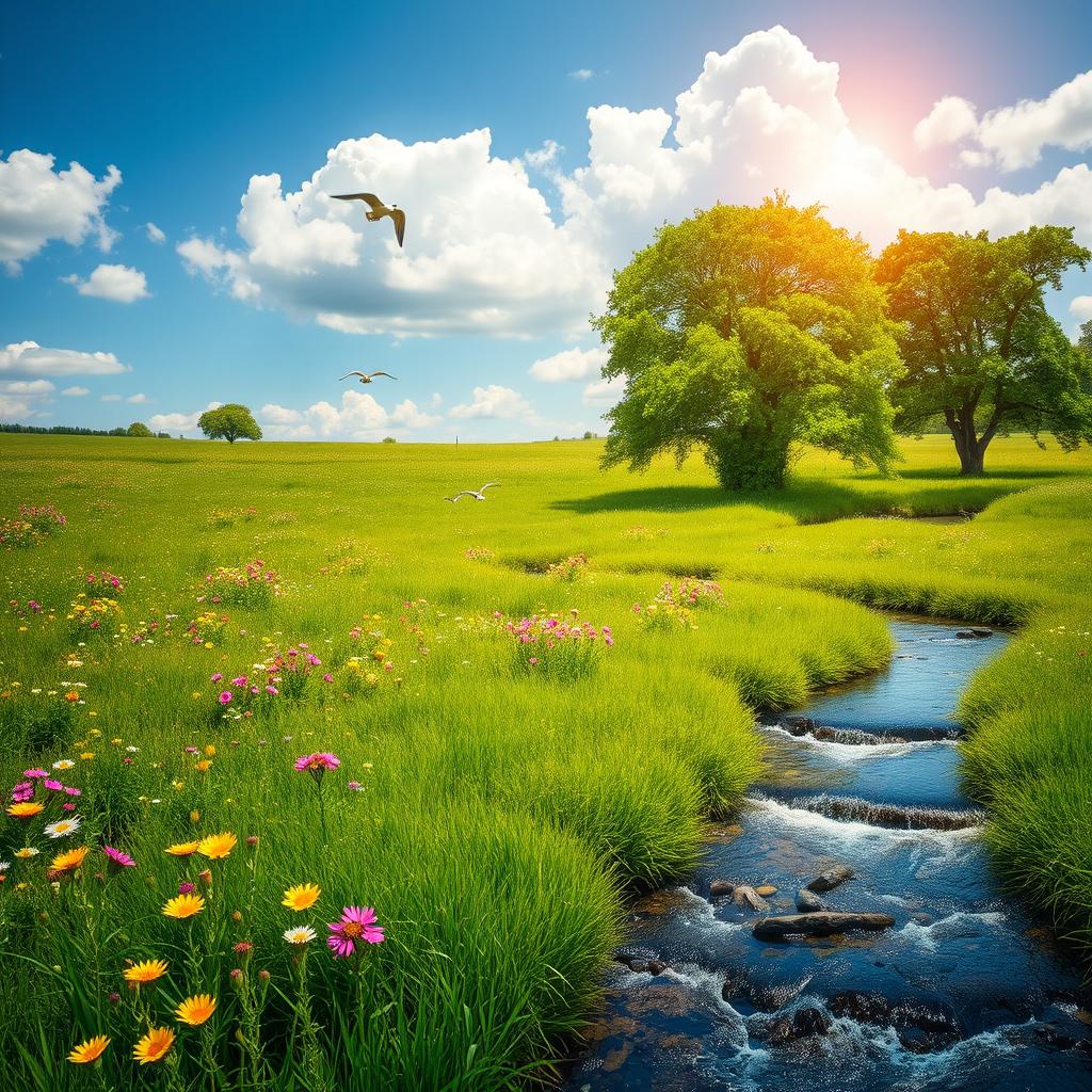 A serene landscape featuring a lush green meadow with vibrant wildflowers scattered throughout, under a clear blue sky with fluffy white clouds