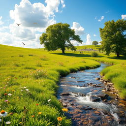 A serene landscape featuring a lush green meadow with vibrant wildflowers scattered throughout, under a clear blue sky with fluffy white clouds