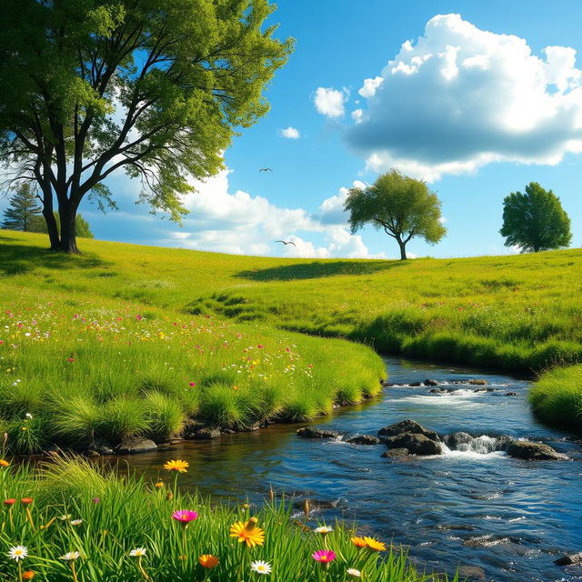 A serene landscape featuring a lush green meadow with vibrant wildflowers scattered throughout, under a clear blue sky with fluffy white clouds