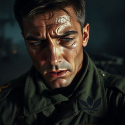 A dramatic scene of a soldier crying, showing deep emotion on his face