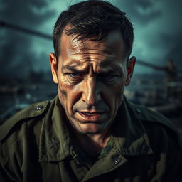 A dramatic scene of a soldier crying, showing deep emotion on his face