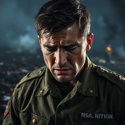A dramatic scene of a soldier crying, showing deep emotion on his face