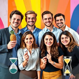 A vibrant and dynamic group profile picture featuring four handsome white male engineers, each showcasing a distinct and confident pose