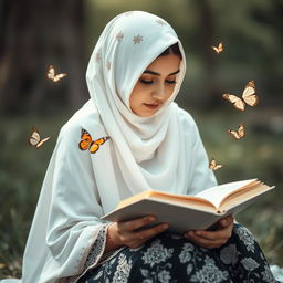 A beautiful Iranian girl wearing a white floral hijab, sitting gracefully while reading the Quran