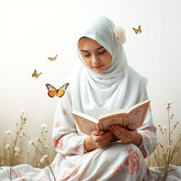 A beautiful Iranian girl wearing a white floral hijab, sitting gracefully while reading the Quran