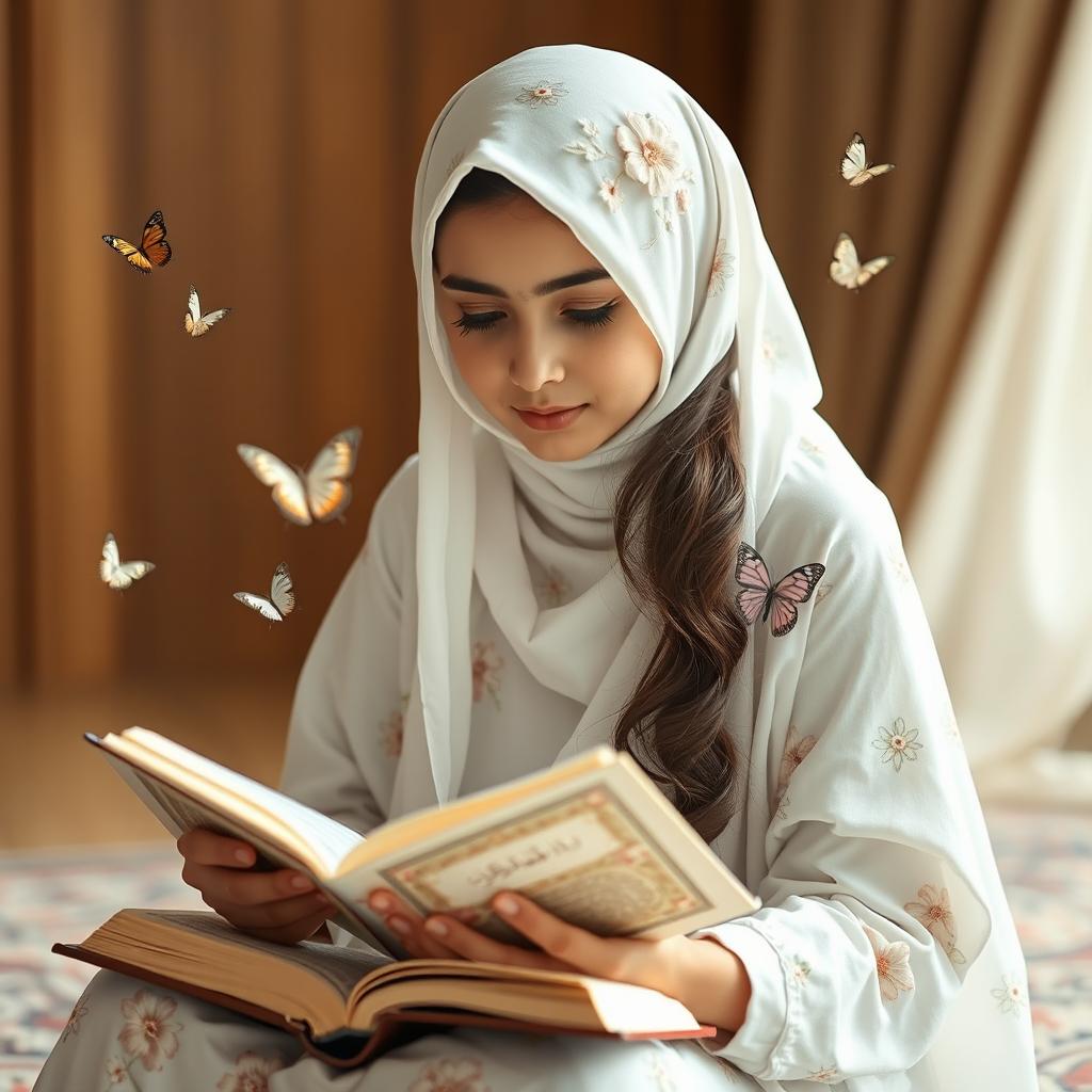 A beautiful Iranian girl wearing a white floral hijab, sitting gracefully while reading the Quran